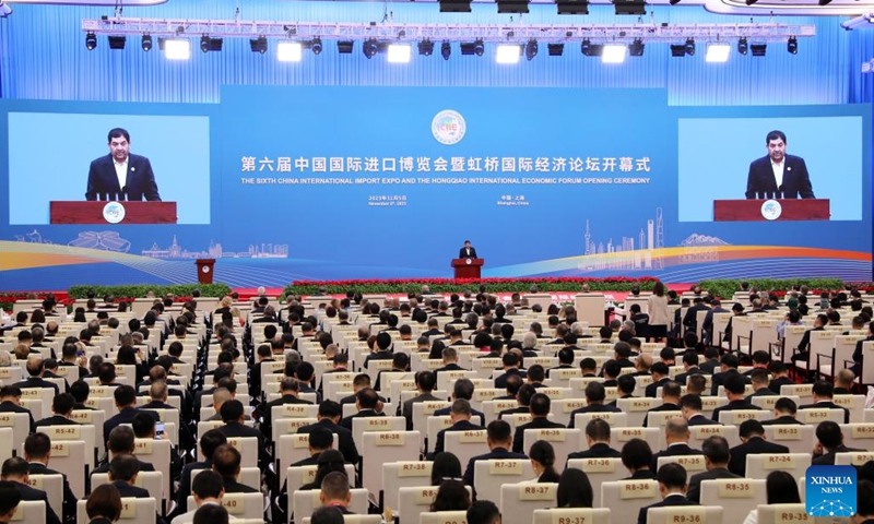 Iran's First Vice President Mohammad Mokhber addresses the opening ceremony of sixth China International Import Expo (CIIE) and the Hongqiao International Economic Forum in east China's Shanghai, Nov. 5, 2023. (Photo: Xinhua)