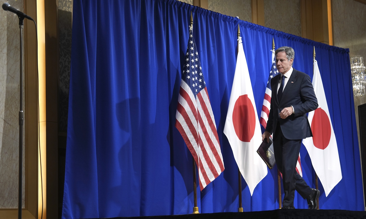 US Secretary of State Antony Blinken walks away after his news conference after the Group of 7 Foreign Ministers meetings Wednesday, Nov. 8, 2023, in Tokyo.Photo: VCG