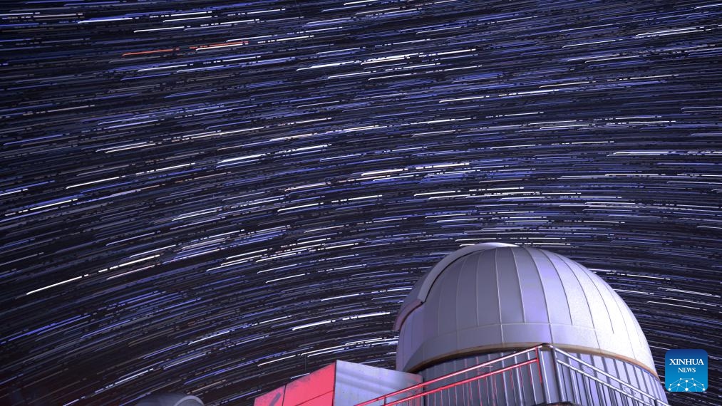 This stacked photo taken on Nov. 4, 2023 shows the star trails across the sky at night in Ngari Prefecture, southwest China's Tibet Autonomous Region.(Photo: Xinhua)