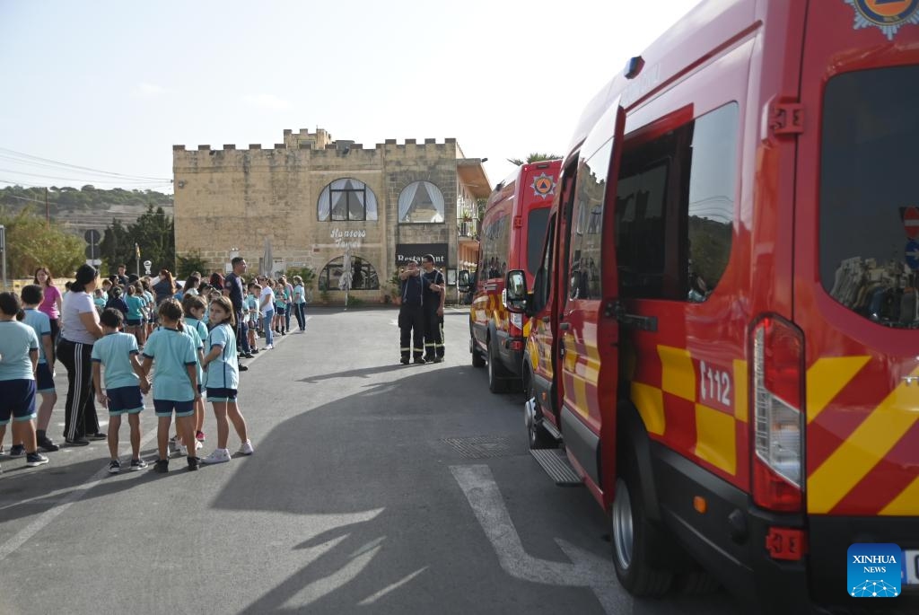 Students line up for evacuation during a tsunami response exercise in Marsaxlokk, Malta, on Nov. 7, 2023. Malta conducted the tsunami response exercise here on Tuesday, simulating a situation of widespread tsunami threat throughout the Eastern and Central Mediterranean.(Photo: Xinhua)