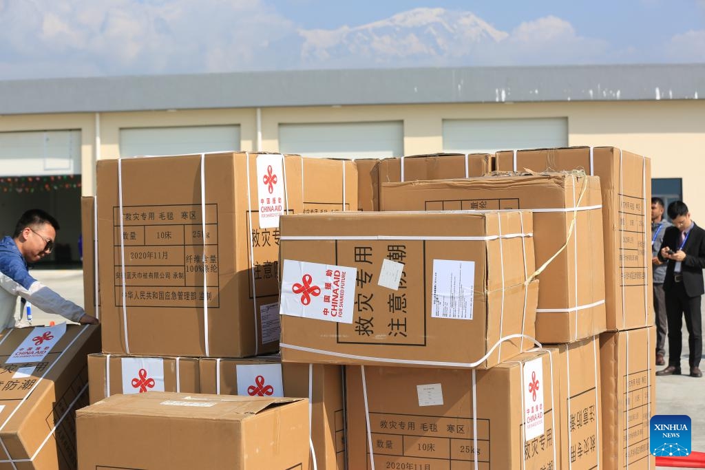 Chinese emergency relief materials for earthquake-hit areas are pictured at Pokhara International Airport in Pokhara, Nepal, Nov. 8, 2023.(Photo: Xinhua)