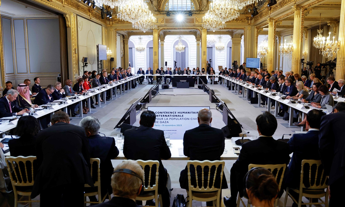 Representatives from states, international organisations, businesses, development banks and NGOs attend an international humanitary conference for civilians in Gaza, at the Elysee Presidential Palace, in Paris, on November 9, 2023. Photo:VCG