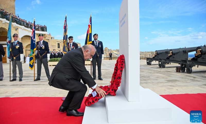 Maltese President George Vella lays a wreath during a commemoration of Armistice Day at the Saluting Battery of the Upper Barrakka in Valletta, Malta, Nov. 11, 2023. Malta on Saturday held a commemoration of Armistice Day, marking the end of World War I in 1918. (Photo: Xinhua)