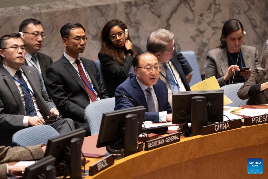Chinese permanent representative to the United Nations Zhang Jun speaks at the UN Security Council emergency meeting on the Palestinian-Israeli situation at the UN headquarters in New York, Nov. 10, 2023. (Photo: Xinhua)