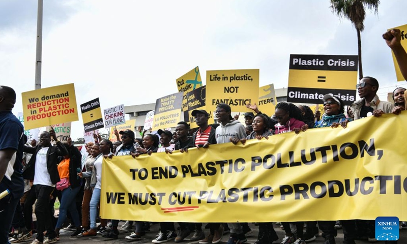 Green campaigners organized by the BreakFreeFromPlastic movement march through the streets in Nairobi, Kenya, Nov. 11, 2023. Hundreds of green campaigners drawn from the Global South marched through the streets in the Kenyan capital of Nairobi on Saturday, calling for a binding treaty to accelerate the phasing out of plastic production and use. (Photo: Xinhua)