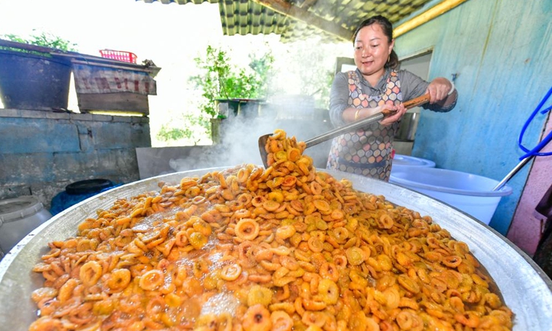 A worker makes preserved Cili fruit at a cooperative in Chaxiang Village of Longli County, southwest China's Guizhou Province, Sept. 1, 2023. (Photo: Xinhua)