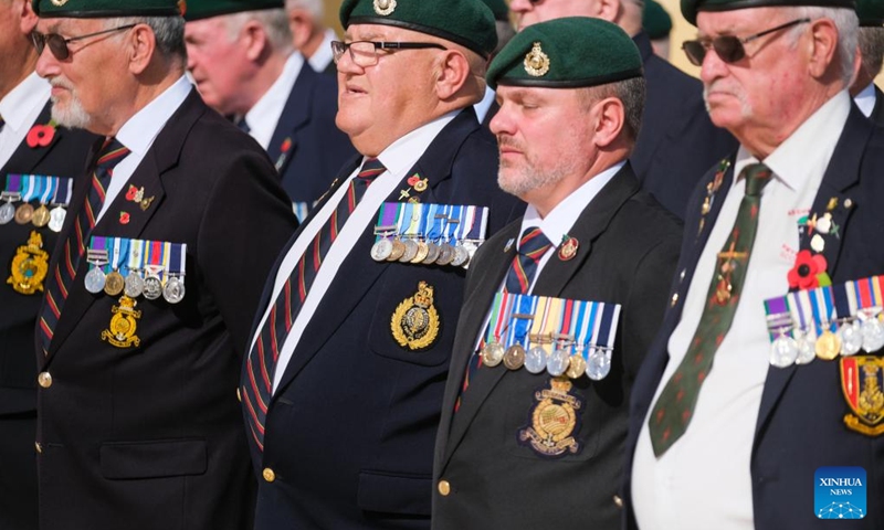Veterans participate in a commemoration of Armistice Day at the Saluting Battery of the Upper Barrakka in Valletta, Malta, Nov. 11, 2023. Malta on Saturday held a commemoration of Armistice Day, marking the end of World War I in 1918. (Photo: Xinhua)