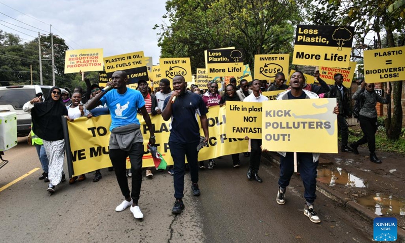 Green campaigners organized by the BreakFreeFromPlastic movement march through the streets in Nairobi, Kenya, Nov. 11, 2023. Hundreds of green campaigners drawn from the Global South marched through the streets in the Kenyan capital of Nairobi on Saturday, calling for a binding treaty to accelerate the phasing out of plastic production and use. (Photo: Xinhua)