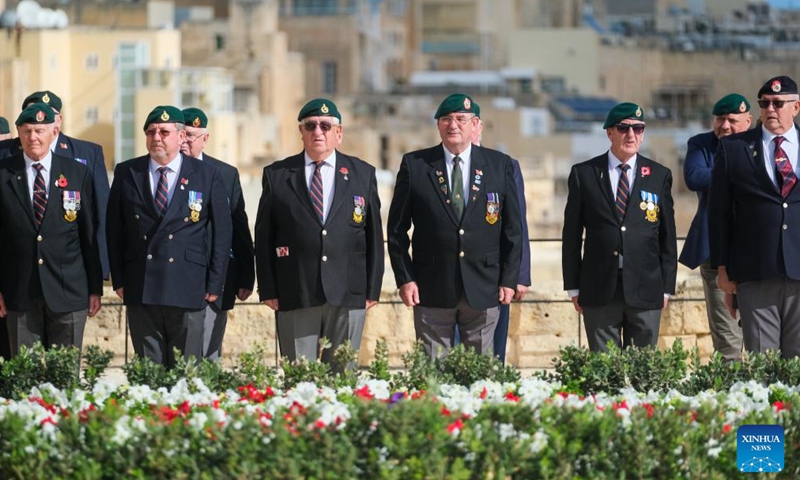 Veterans participate in a commemoration of Armistice Day at the Saluting Battery of the Upper Barrakka in Valletta, Malta, Nov. 11, 2023. Malta on Saturday held a commemoration of Armistice Day, marking the end of World War I in 1918. (Photo: Xinhua)