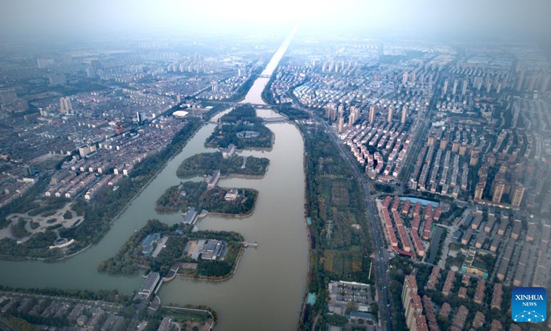 This aerial photo taken on Oct. 30, 2023 shows the Jiangdu Key Water Conservancy Project along the eastern route of South-to-North Water Diversion Project in Yangzhou, east China's Jiangsu Province. The first phase of the eastern route of China's South-to-North Water Diversion Project has benefited more than 68 million people in east China's Shandong Province in its decade-long operation, China South-to-North Water Diversion Co., Ltd. said Wednesday.(Photo: Xinhua)