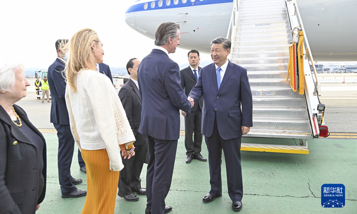Chinese President Xi Jinping arrives at San Francisco International Airport on November 14, 2023, and was received by California Governor Gavin Newsom, US Treasury Secretary Janet Yellen and other US representatives at the airport. Photo: Xinhua