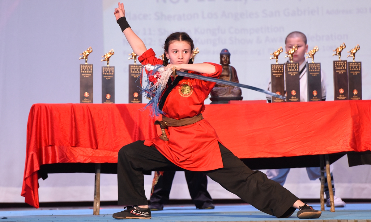 A girl showcases Shaolin kung fu in Los Angeles, the US, on November 12, 2023. Photo: VCG