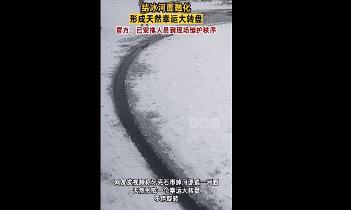 A netizen from the town of Chuoheyuan, Yakeshi, North China's Inner Mongolia Autonomous Region, posted a video on Monday showing a natural lucky carousel formed on the surface of a river, which keeps rotating.