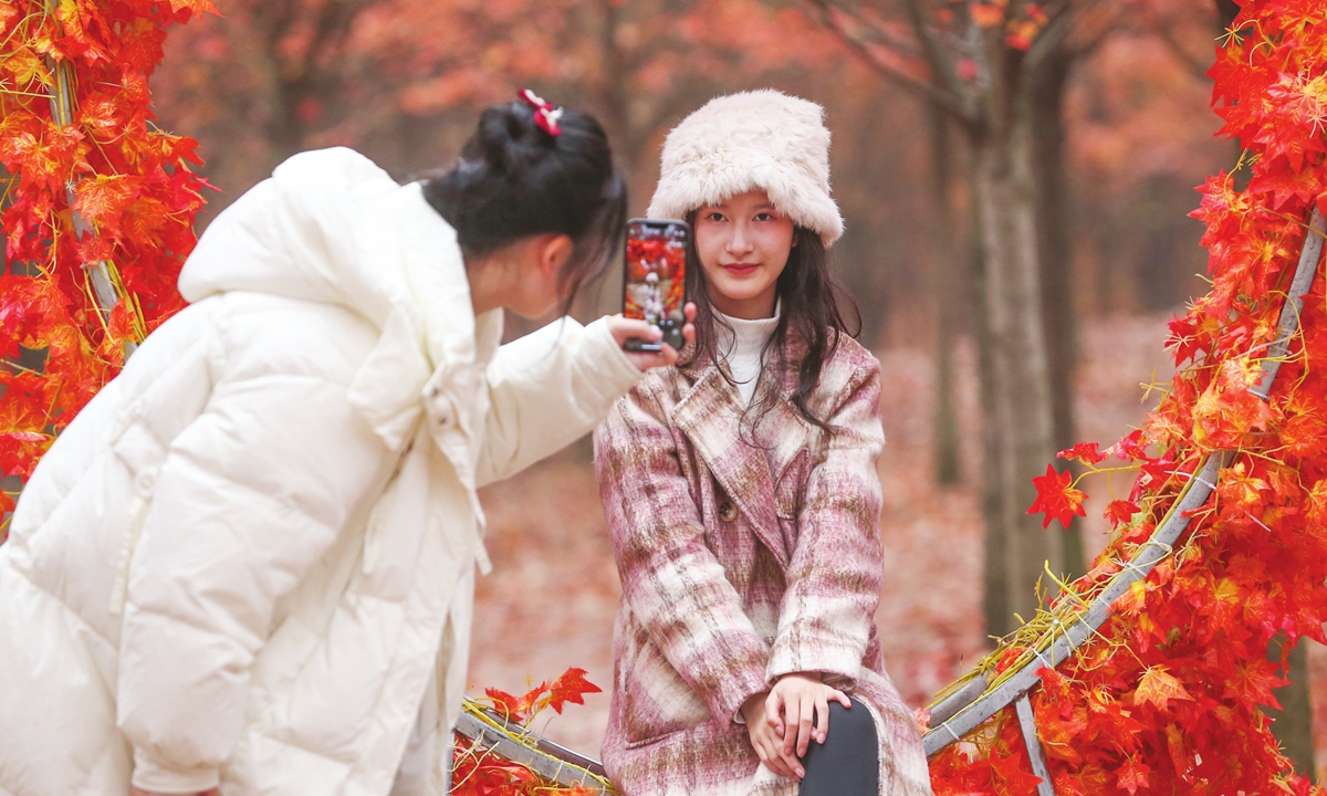 More than 36 hectares of red maple trees in Yijia Forest base of Yuanbao village, Southwest China's Sichuan Province usher in the best viewing period on November 21, 2023. Photo: IC