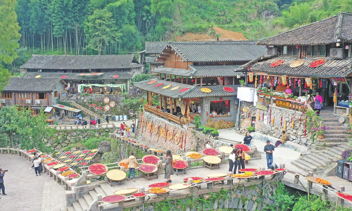 Crops such as red peppers, corn and pumpkins are drying on the front and back courts of houses, windowsills and roofs in Linkeng Ancient Village, Wenzhou city, East China's Zhejiang Province on November 14, 2023, attracting many tourists to experience the harvest. Photo: IC