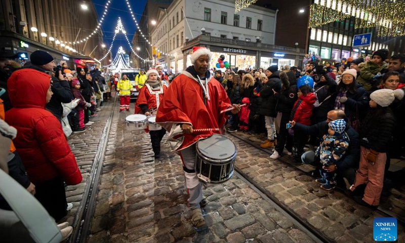 Actors perform during the Christmas opening celebration in Helsinki, Finland, Nov. 18, 2023. The Christmas opening celebration was held in central Helsinki on Saturday with a grand parade, marking the start of the festive season. (Photo: Xinhua)