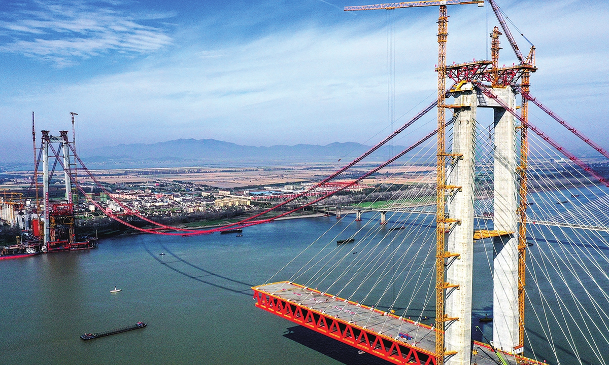 A catwalk, a temporary structure for long-span suspension bridge construction, connects the south and north parts of a 11.88-kilometer-long road-rail bridge over the Yangtze River in Tongling, East China's Anhui Province on November 22, 2023. Construction of the bridge, with a major span of 988 meters, is expected to be completed in 2025. Photo: VCG