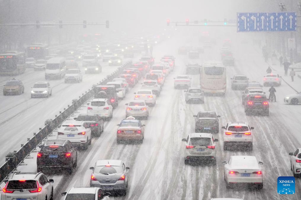 Vehicles move in the snow in Harbin, capital of northeast China's Heilongjiang Province, Nov. 22, 2023.(Photo: Xinhua)