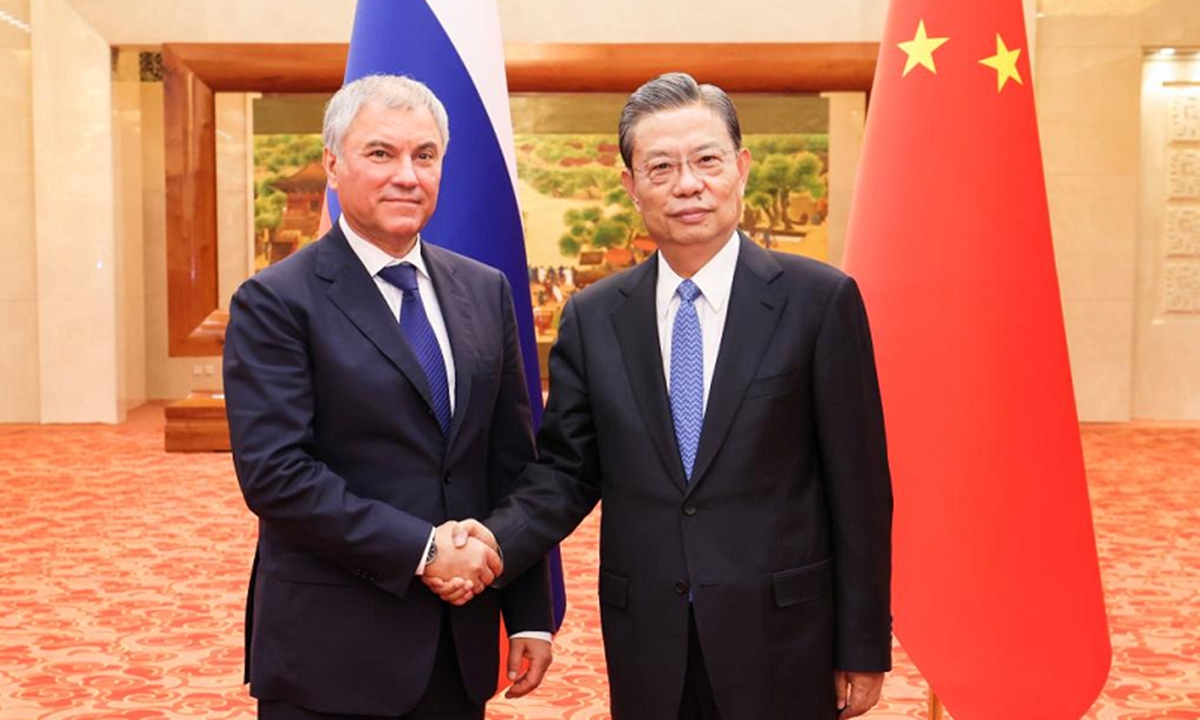 Zhao Leji, chairman of the National People's Congress Standing Committee, holds talks with Chairman of the Russian State Duma Vyacheslav Volodin at the Great Hall of the People in Beijing, capital of China, Nov 21, 2023.Photo: Xinhua