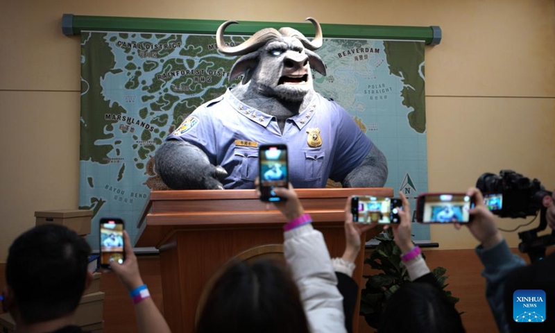 This photo taken on Nov. 29, 2023 shows a model of Chief Bogo at the Zootopia land in Shanghai Disney Resort of east China's Shanghai. The world's first Zootopia land, scheduled to open to the public starting from Dec. 20 at Shanghai Disney Resort, has kicked off trial operation, the resort said Wednesday. The new themed land was open to the media for the first time on Wednesday. (Photo: Xinhua)