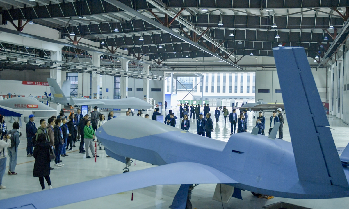 Media reporters visit Aviation Industry Corporation of China's unmanned aerial vehicle (UAV) production base in Zigong, Southwest China's Sichuan Province, on November 28, 2023, to learn on the spot about the development of domestic large-scale high-end UAVs and the achievements in industrial construction and development. Photo: VCG