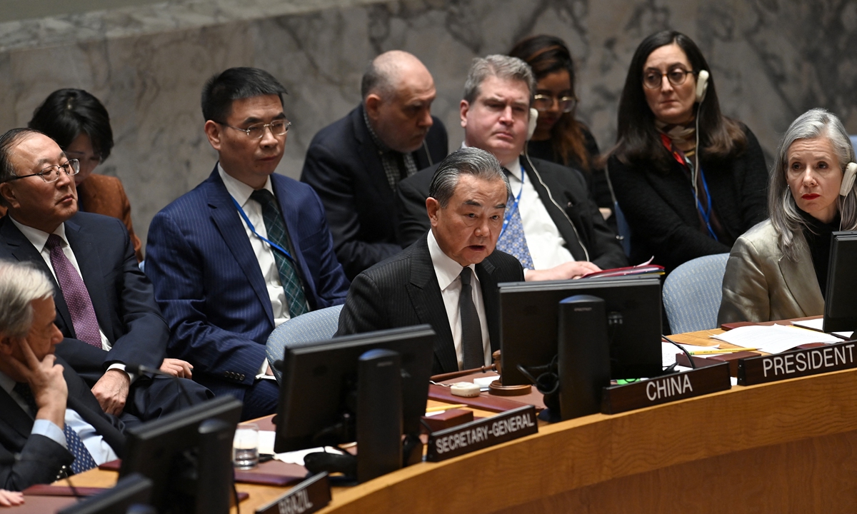 Chinese Foreign Minister Wang Yi, in the role of Security Council rotating president, speaks during a UN Security Council meeting on the situation in the Middle East and the Palestine-Israel conflict, at the UN headquarters in New York City on November 29, 2023. Photo: AFP