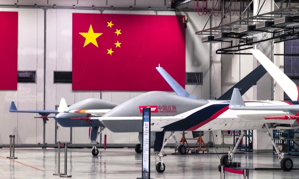 Wing Loong-2H emergency rescue drones wrap up assembly in a production workshop. Photo: Courtesy of Aviation Industry Corporation of China