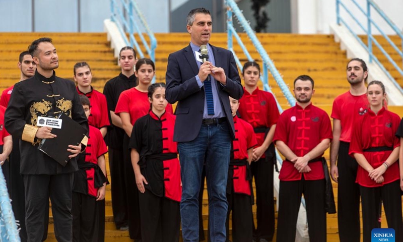 Christos Dimas, Greek deputy minister of culture, addresses the opening ceremony of the Sino-Hellenic International Theater Festival in Athens, Greece, Dec. 2, 2023. The first Sino-Hellenic International Theater Festival kicked off on Saturday. (Photo: Xinhua)
