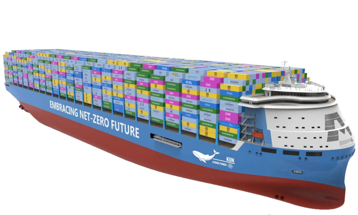 China's Jiangnan Shipyard revealed the design of the world’s largest nuclear-powered 24000TEU container ship on December 5, 2023 at Marintec China in Shanghai. Photo: Screenshot from Weibo account of Maritime China