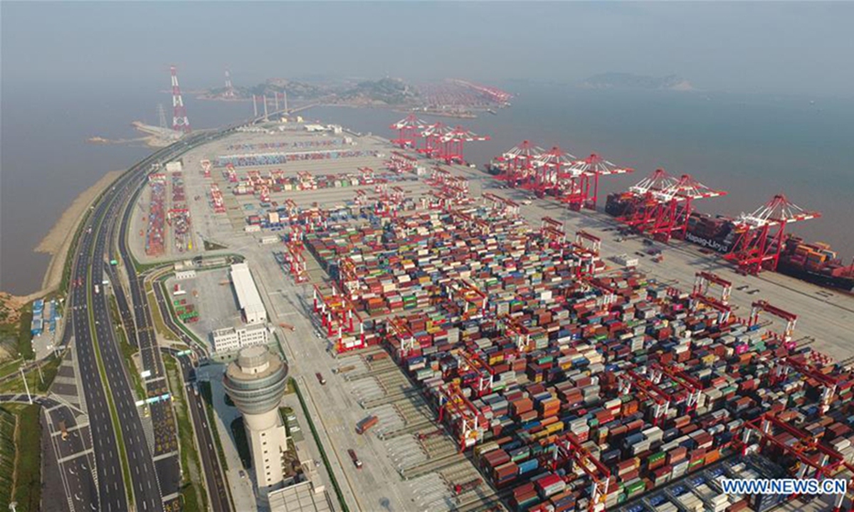 Aerial photo shows the Yangshan Deep Water Port, an automated container terminal, in East China's Shanghai. File photo: Xinhua