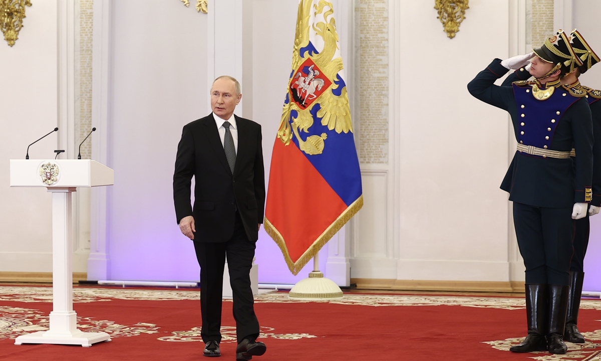 Russian President Vladimir Putin attends a ceremony to present Gold Star medals to Heroes of Russia on the eve of Heroes of the Fatherland Day at the St. George Hall of the Grand Kremlin Palace in Moscow, Russia, on December 8, 2023. On the same day, Putin?announced that he will run for re-election in?2024, state media reported. Photo: VCG