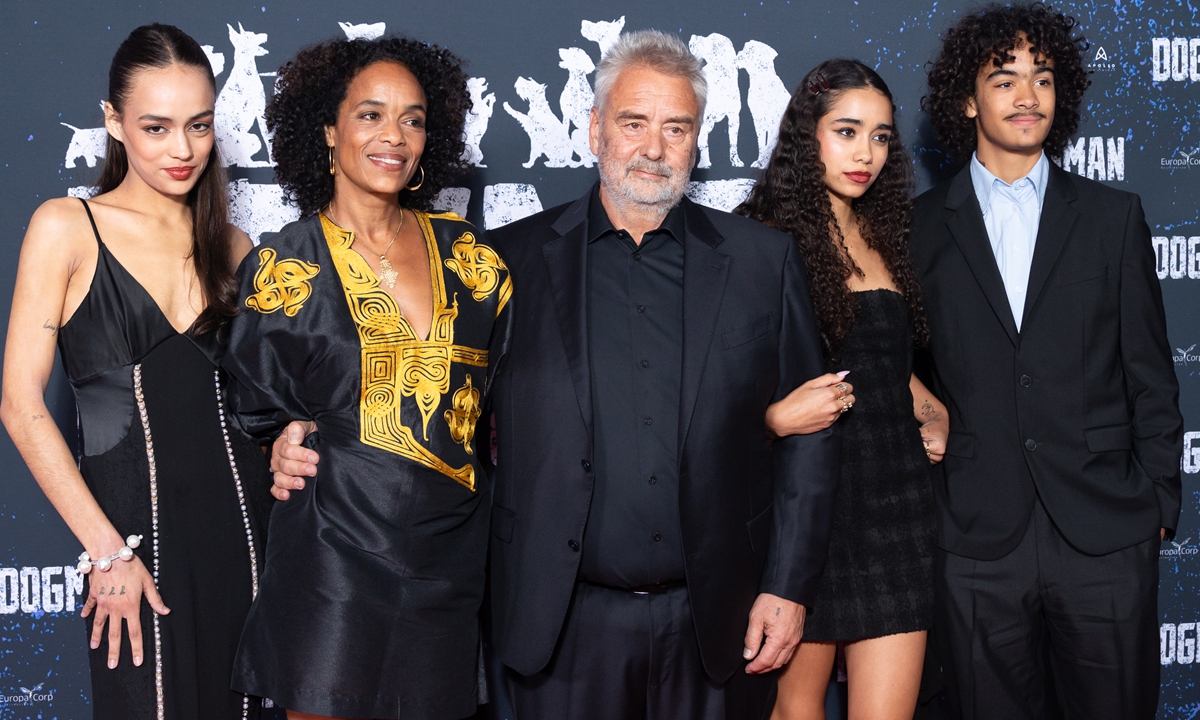 （From left）Thalia Besson, Virginie Besson-Silla, Luc Besson, Sateen Besson and Mao Besson attend the <em>Dogman</em> premiere at Cinema UGC Normandie on September 19, 2023 in Paris, France.