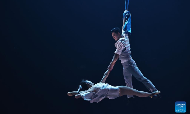 Chinese acrobats perform during the fabulous night at Cirque Phoenix in Paris, France, Dec. 8, 2023. Acrobats from Dalian Cirque of China performed here on Friday night. (Photo: Xinhua)