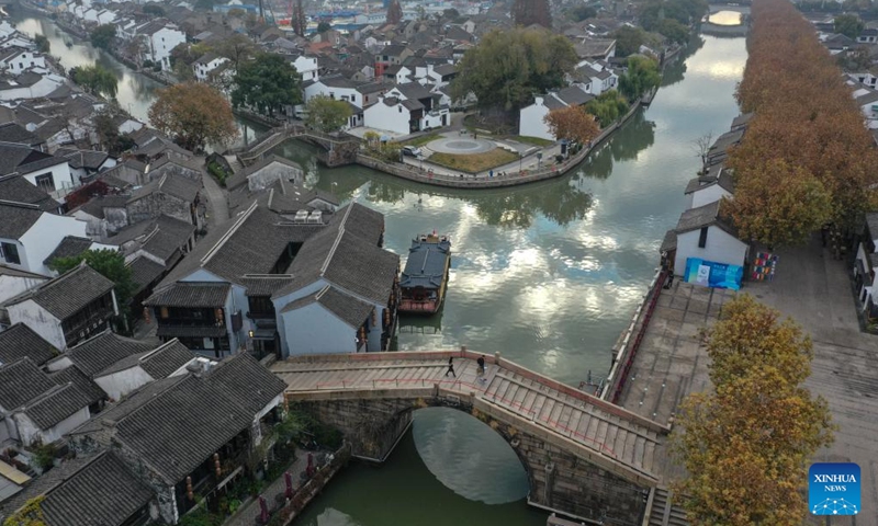 This aerial photo taken on Dec. 9, 2023 shows the view of a historical and cultural district along the Grand Canal in Wuxi, east China's Jiangsu Province. (Photo: Xinhua)