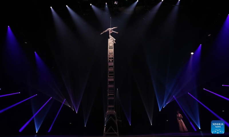 A Chinese acrobat performs during the fabulous night at Cirque Phoenix in Paris, France, Dec. 8, 2023. Acrobats from Dalian Cirque of China performed here on Friday night. (Photo: Xinhua)