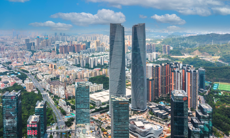 An aerial view of Galaxy Twin Towers in Shenzhen, South China's Guangdong Province on April 30, 2023. Photo: VCG