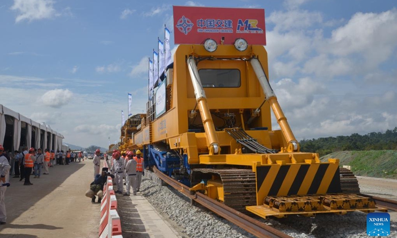 This photo shows the launching site of the East Coast Rail Link project in Kuantan, Malaysia on Dec. 11, 2023. The East Coast Rail Link (ECRL), a mega rail project in Malaysia being built by the China Communications Construction Company (CCCC) has seen its first tracks being laid on Monday. Malaysian King Sultan Abdullah Sultan Ahmad Shah is among the guests to witness the historic moment in a ceremony here.(Photo: Xinhua)