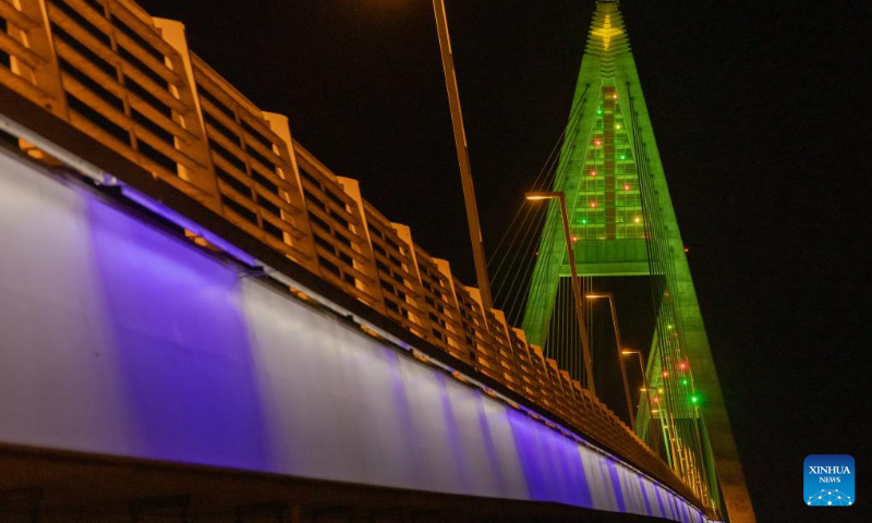 Christmas lights are pictured at the Megyeri Bridge over the Danube river in northern Budapest, Hungary on Dec. 17, 2023. (Photo by Attila Volgyi/Xinhua)