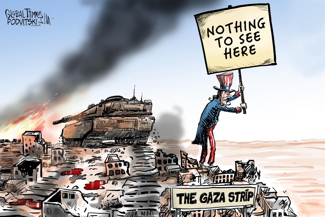 The US turns a blind eye to atrocities in Gaza. Cartoon:Vitaly Podvitski
