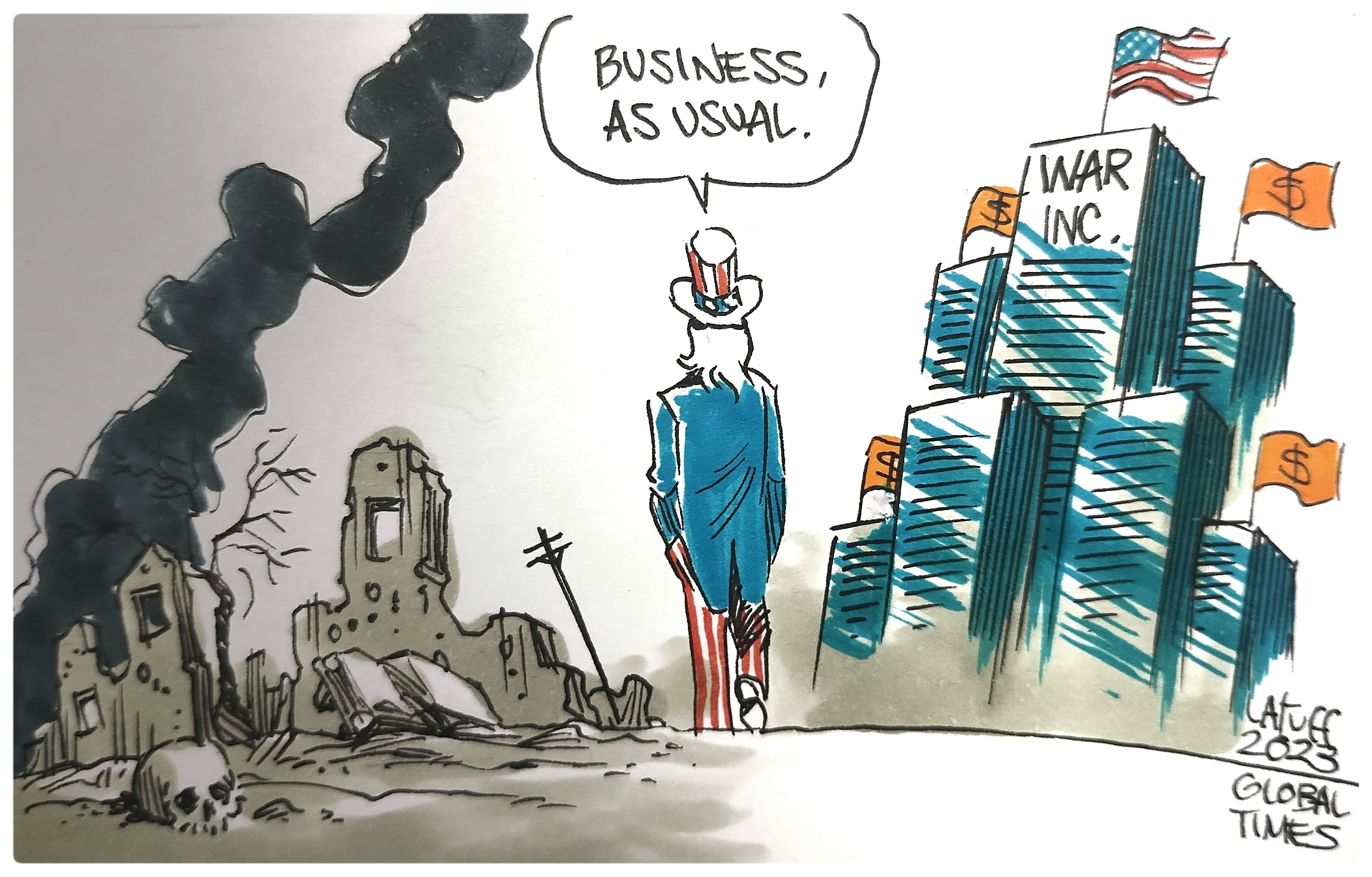 US rakes in a fortune from war business. Cartoon: Carlos Latuff