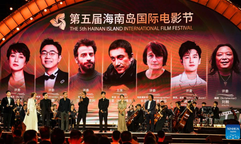 Jury members of Golden Coconut Awards are pictured during the opening ceremony of the 5th Hainan Island International Film Festival in Sanya, south China's Hainan Province, Dec. 16, 2023. The festival runs from Dec. 16 to 22. (Xinhua/Fan Yuqing)