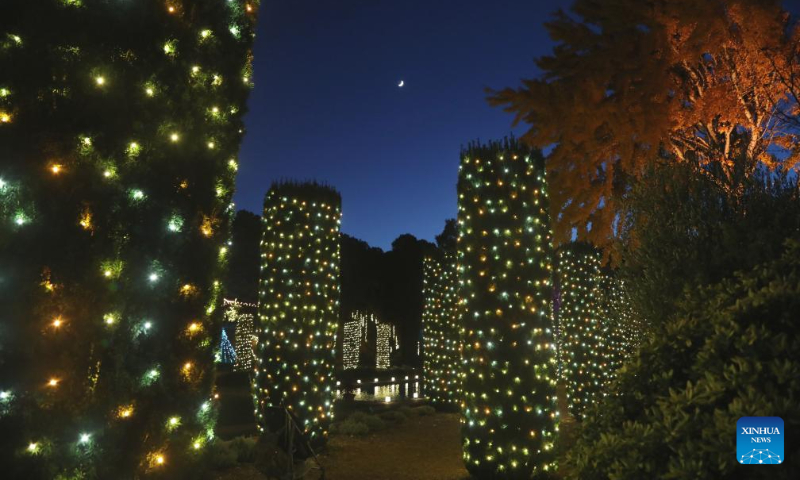 This photo taken on Dec. 16, 2023 shows light decorations at the Filoli Historic House & Garden in Woodside, California, the United States. (Photo by Liu Yilin/Xinhua)