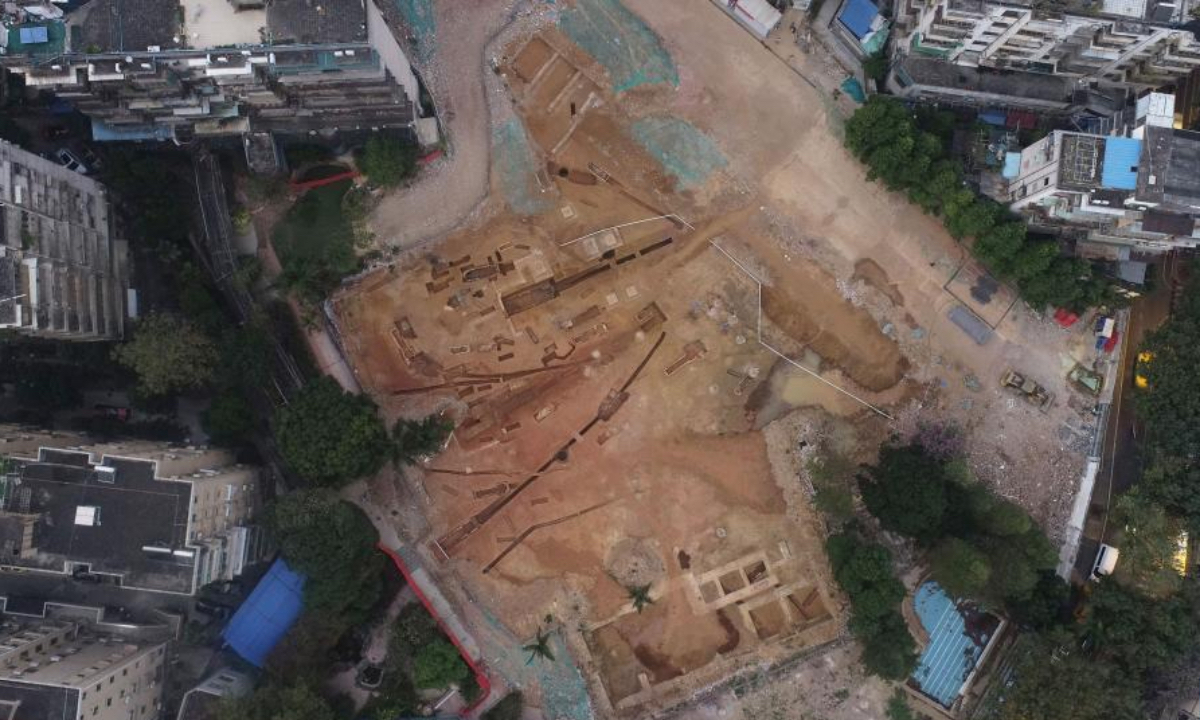 This photo taken on Thursday shows the excavation site of some ancient tombs in Guangzhou, south China's Guangdong Province. Photo: Guangzhou Municipal Institute of Cultural Heritage and Archaeology/Handout via Xinhua