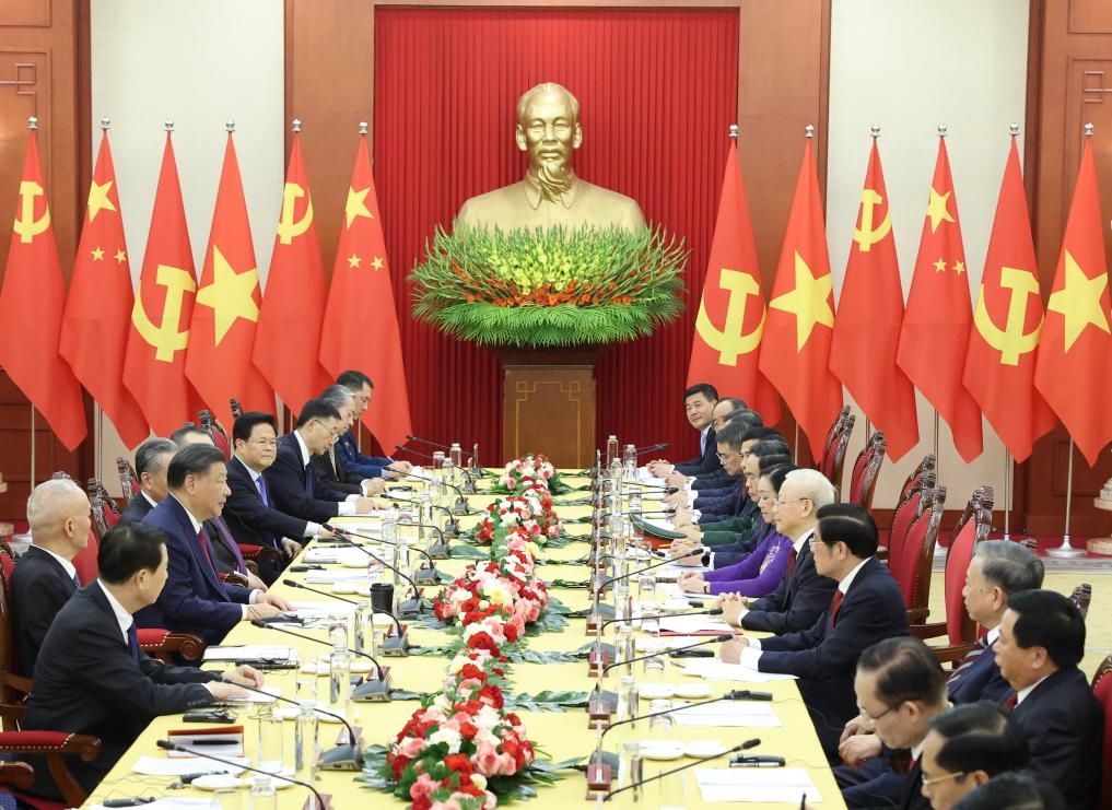 General Secretary of the Communist Party of China Central Committee and Chinese President Xi Jinping holds talks with General Secretary of the Communist Party of Vietnam Central Committee Nguyen Phu Trong in Hanoi, capital of Vietnam, Dec. 12, 2023. Upon Xi's arrival in Hanoi, he had a meeting with Trong on Tuesday. (Photo: Xinhua/Pang Xinglei)