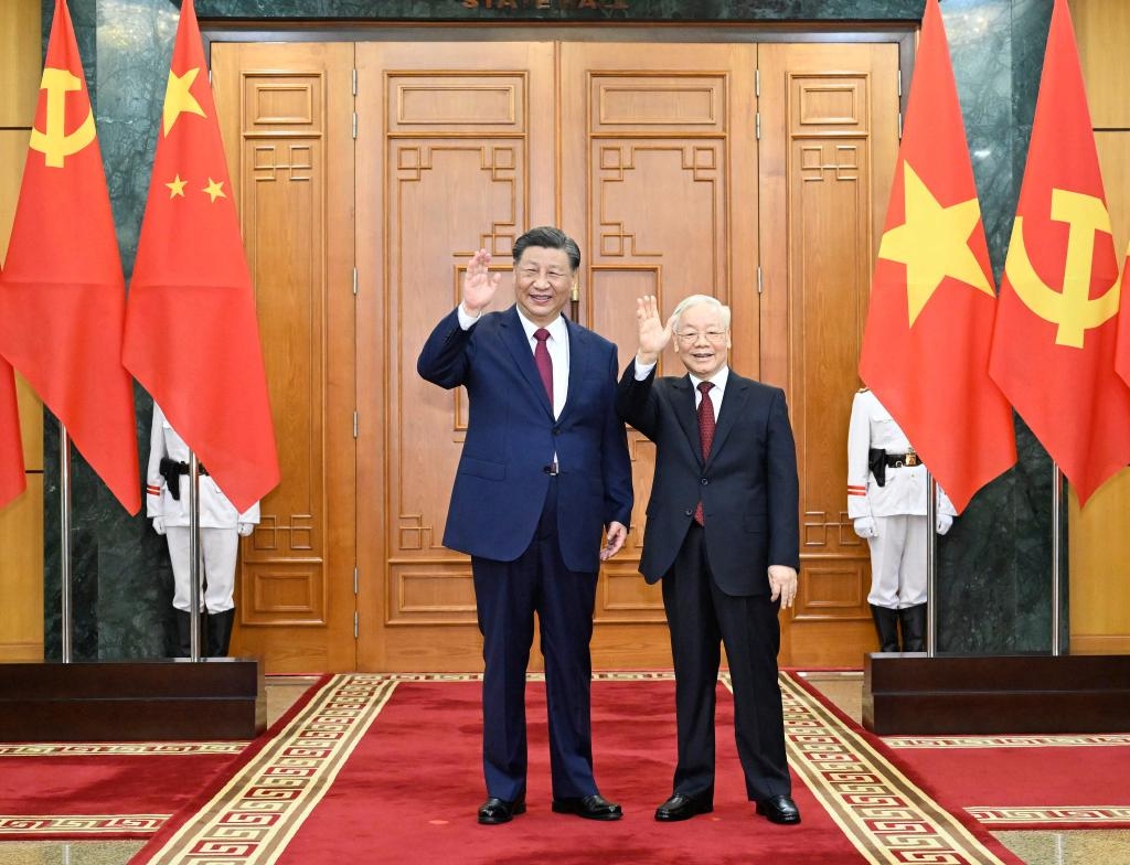 General Secretary of the Communist Party of China Central Committee and Chinese President Xi Jinping holds talks with General Secretary of the Communist Party of Vietnam Central Committee Nguyen Phu Trong in Hanoi, capital of Vietnam, Dec. 12, 2023. Upon Xi's arrival in Hanoi, he had a meeting with Trong on Tuesday. (Photo: Xinhua/Shen Hong)