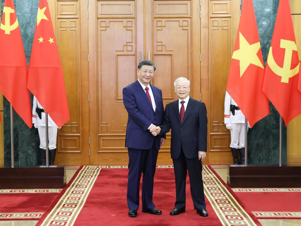 General Secretary of the Communist Party of China Central Committee and Chinese President Xi Jinping holds talks with General Secretary of the Communist Party of Vietnam Central Committee Nguyen Phu Trong in Hanoi, capital of Vietnam, Dec. 12, 2023. Upon Xi's arrival in Hanoi, he had a meeting with Trong on Tuesday. (Photo: Xinhua/Pang Xinglei)