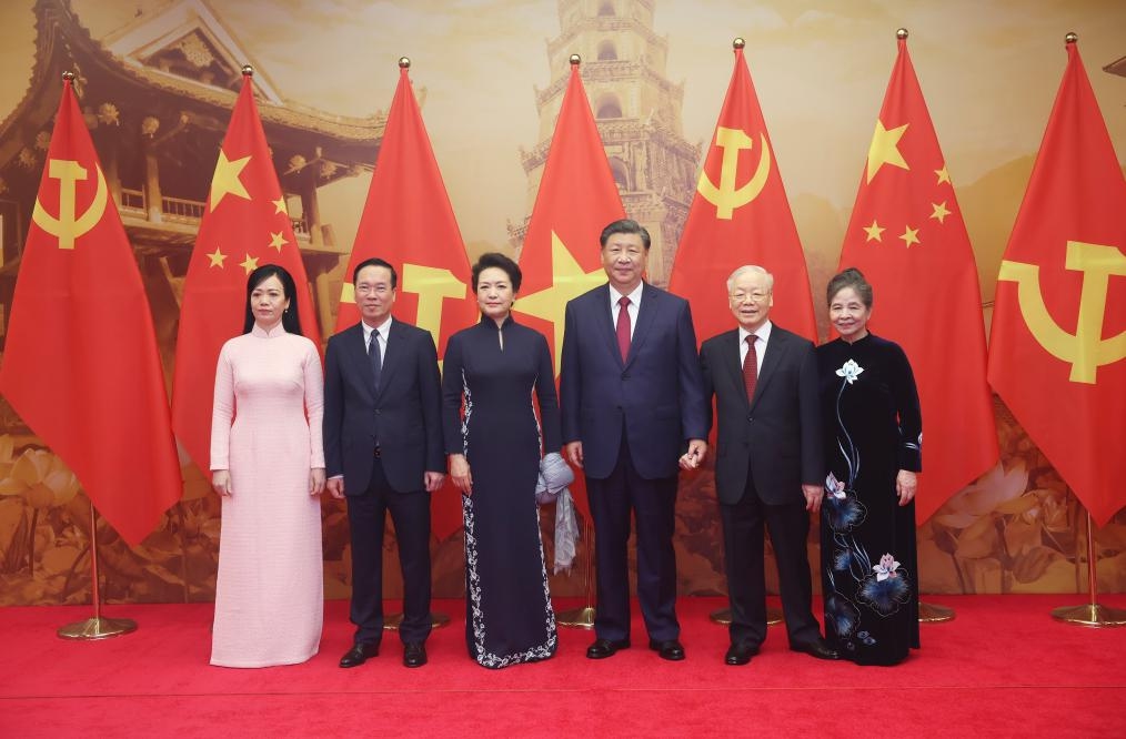 General Secretary of the Communist Party of China Central Committee and Chinese President Xi Jinping and his wife Peng Liyuan attend a welcome banquet hosted by General Secretary of the Communist Party of Vietnam Central Committee Nguyen Phu Trong and Vietnamese President Vo Van Thuong and their spouses in Hanoi, capital of Vietnam, Dec. 12, 2023. Upon Xi's arrival in Hanoi, he had a meeting with Trong on Tuesday. (Photo: Xinhua/Ju Peng)