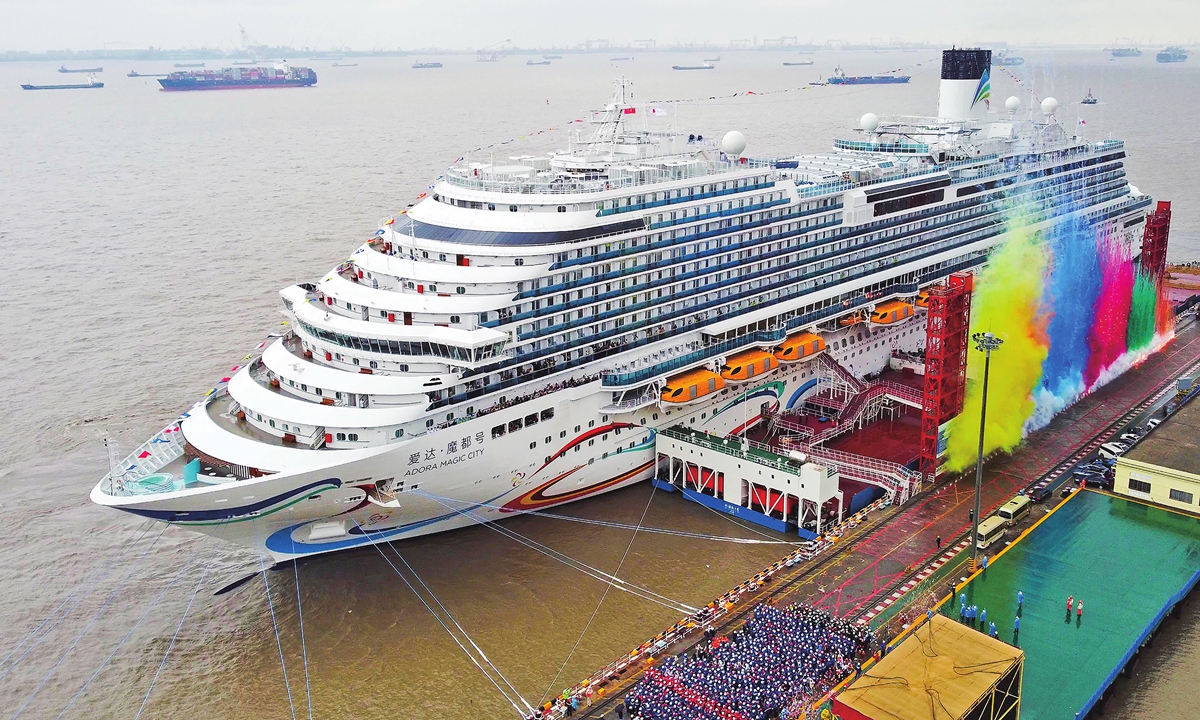  China's first domestically-built large cruise ship, Adora Magic City, moves to its home port on December 15, 2023 in Shanghai after five years of construction and will set sail on New Year's Day in 2024. Nearly 1,300 crew members from all over the world have been assembled. Photo: cnsphoto