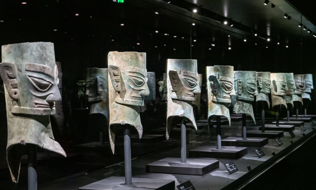 Bronze head sculptures on display at the new Sanxingdui Museum building in Guanghan, Southwest China's Sichuan Province Photo: VCG