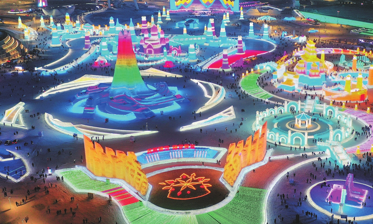 This aerial photo taken on December 17, 2023 shows the Harbin Ice and Snow World, a renowned seasonal theme park opening every winter, in Harbin, Northeast China's Heilongjiang Province. It will open for the 25th winter season on December 18. It is estimated that 250,000 cubic meters of ice and snow will be used in its construction. Photo: VCG